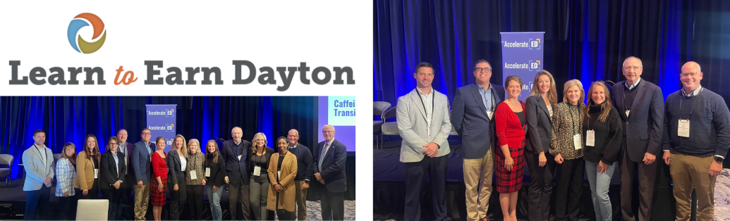 Learn to Earn Dayton logo, two group photos of professionals from the organization at a conference